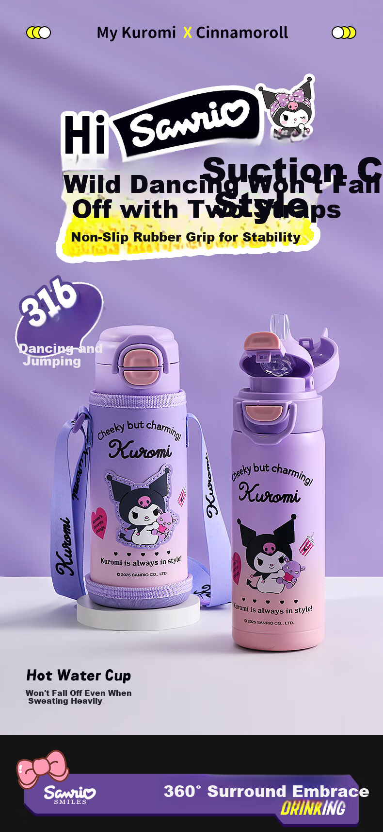 Sanrio 316 Stainless Steel Insulated Water Bottle 520ML Dual-Use Kids Cup Kuromi Pink Purple 901 1