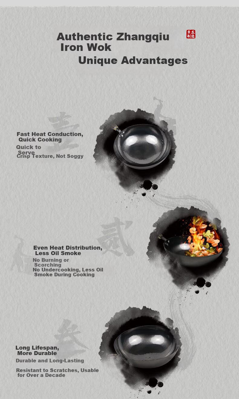 Lao Yiren Zhangqiu Iron Wok Pre-Seasoned No Coating Cast Iron Non-Stick Stir Fry Pan Hand-Forged Traditional Round Bottom Gas Stove Compatible 8
