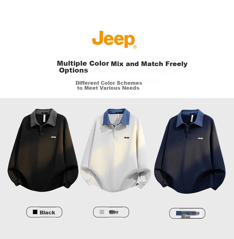 JEEP Men's Sweatshirt Long Sleeve T-Shirt Spring Autumn Heavyweight Loose Base Shirt Black 2XL 2