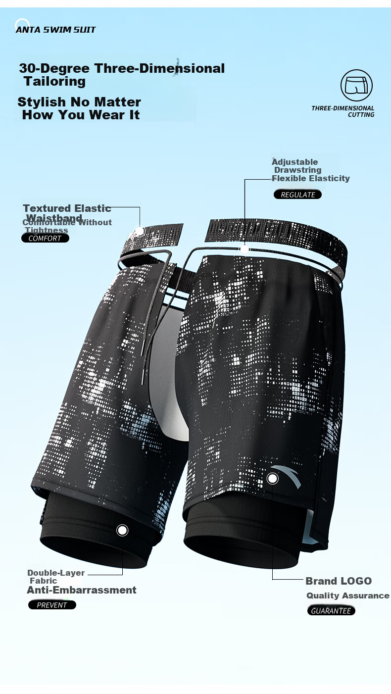 ANTA Men's Double-Layer Quick-Dry Beach Swim Trunks, Professional Five-Point Swimming Shorts, 2026 New Model 3