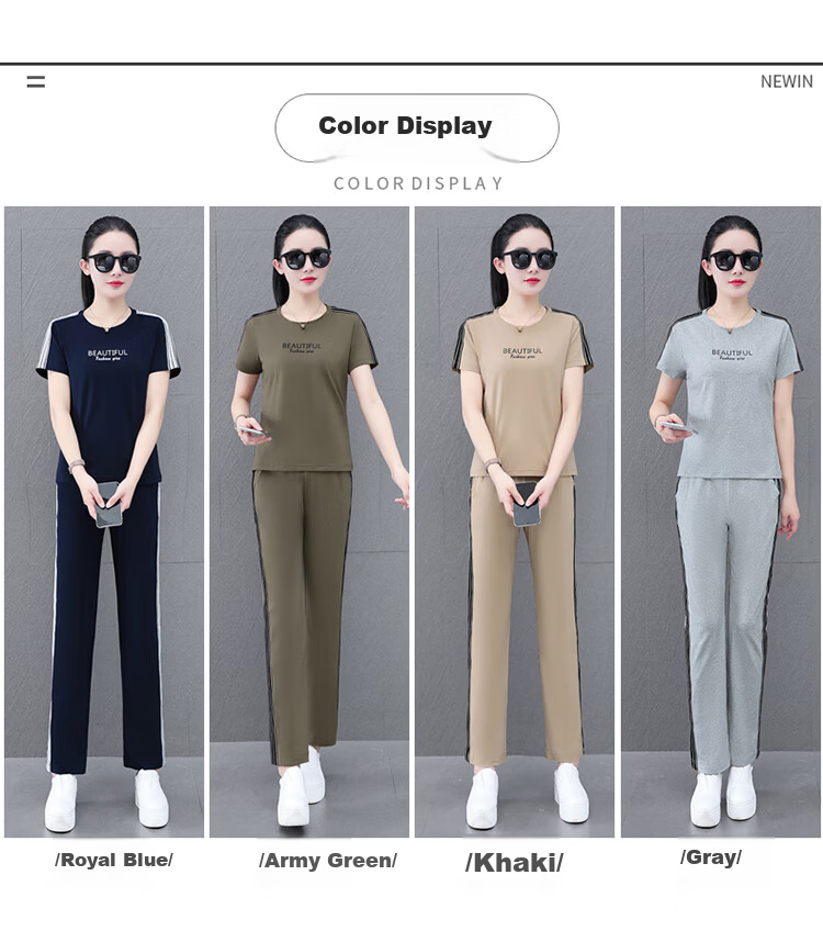 Woodpecker Pure Cotton Women's Summer Sportswear Set Loose Short Sleeve Long Pants Middle-aged Mom Casual Two-piece Suit Royal Blue 4XL 9