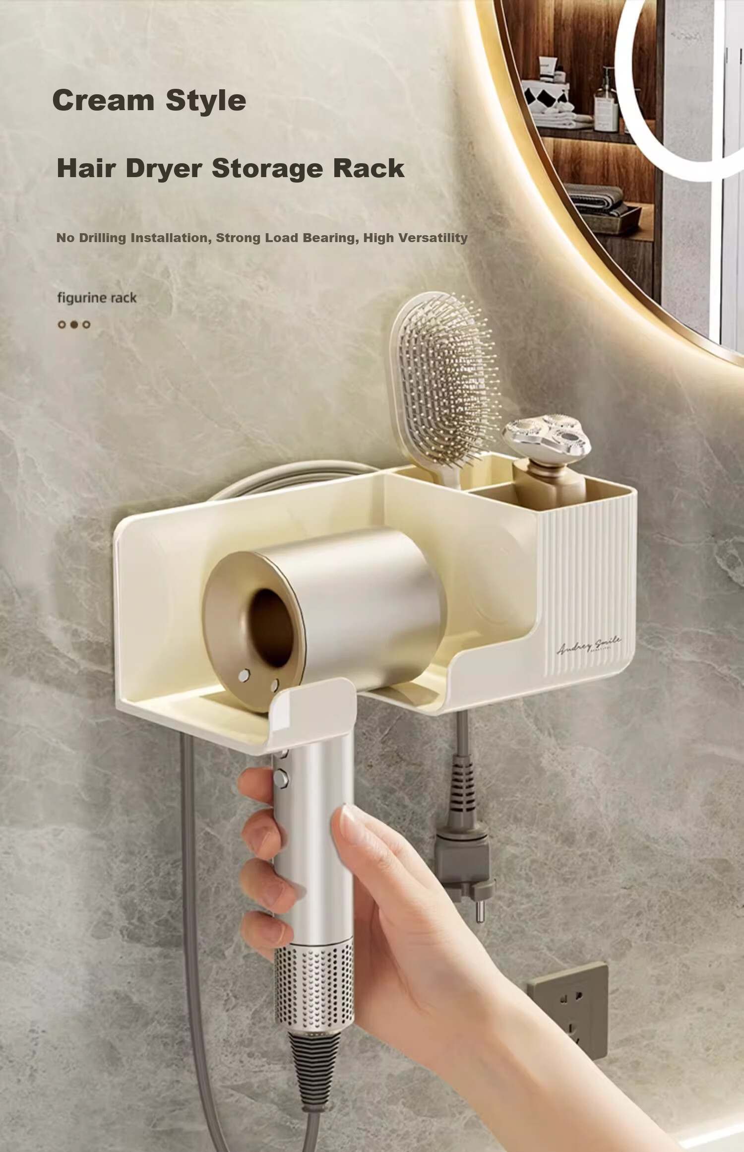 Bydoll Hair Dryer Storage Rack No-Drill Wall-Mounted Bathroom Hairdryer Holder Bathroom Hairdryer Organizer Shelf 1