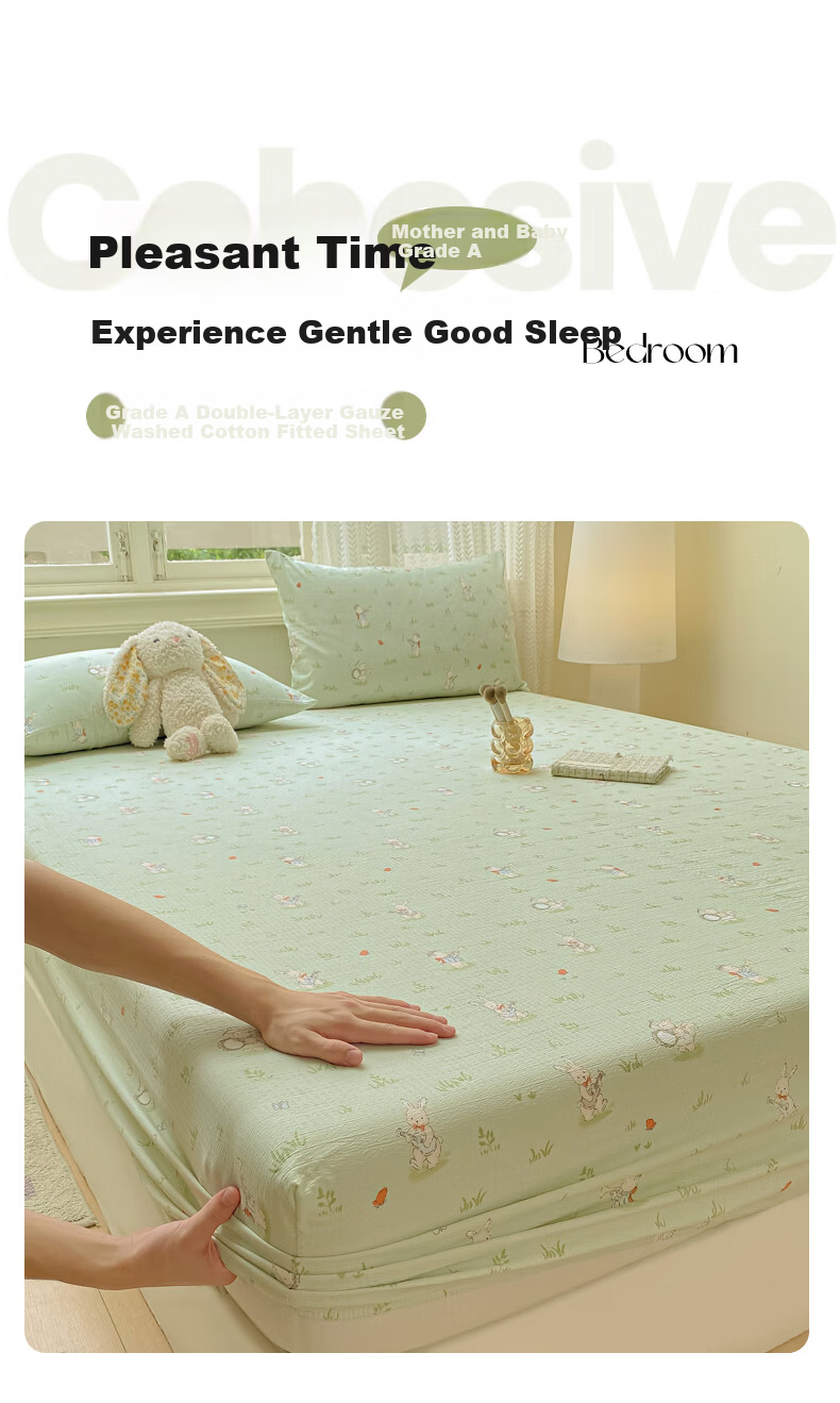 AVIVI Class A Double-Layer Gauze Fitted Sheet Single Bed Cover Full Enclosure Mattress Protector for 1.8m Bed Forest Rabbit 1