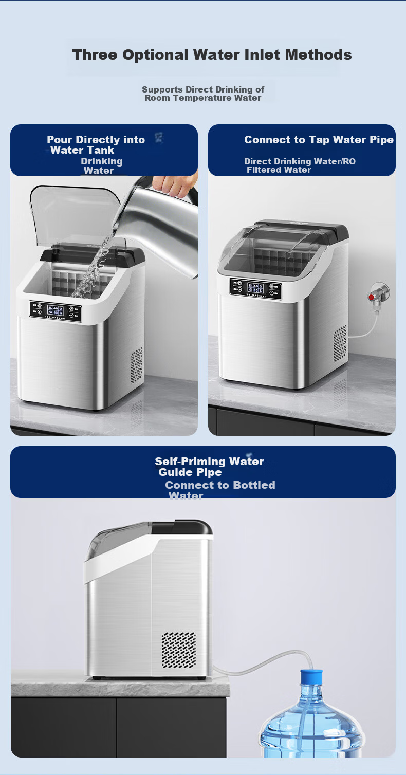 BEIJIXIONG Home Fully Automatic Large Capacity Ice Maker 30/35kg Desktop Ice Machine for Dormitory KTV Bar Internet Cafe Office Kitchen Small Appliance with 24 Ice Trays Silver Dual Power 15