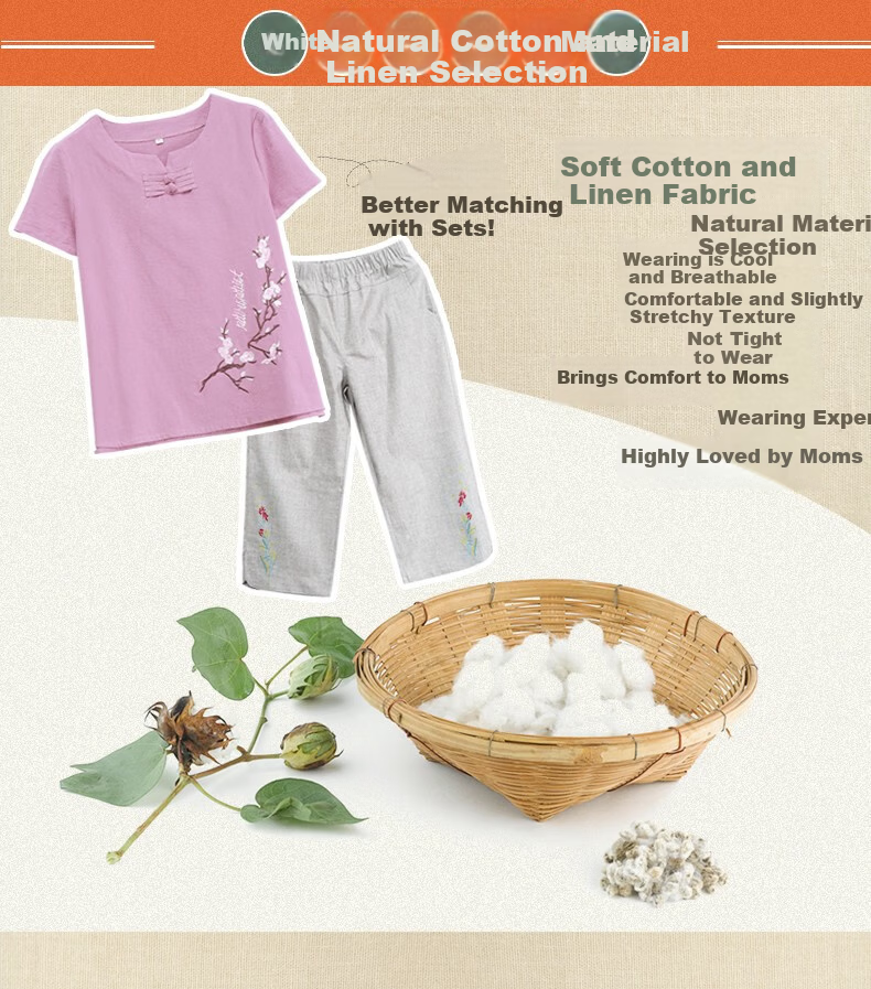 Hengyuanxiang Middle-aged Mom Summer Cotton Embroidered Short Sleeve T-shirt Casual Homewear Cotton Linen Women's Clothing for Middle-aged and Elderly 4