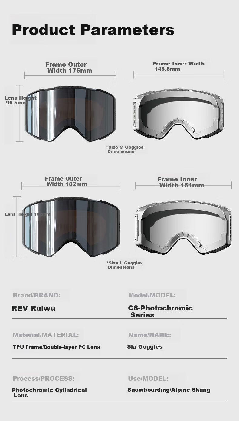 Ruiwu REV Zhenfeng Color-Changing Ski Goggles Magnetic Lens Replacement Winter HD Anti-Fog Cylindrical C6 Elegant Silver Black Frame M 12