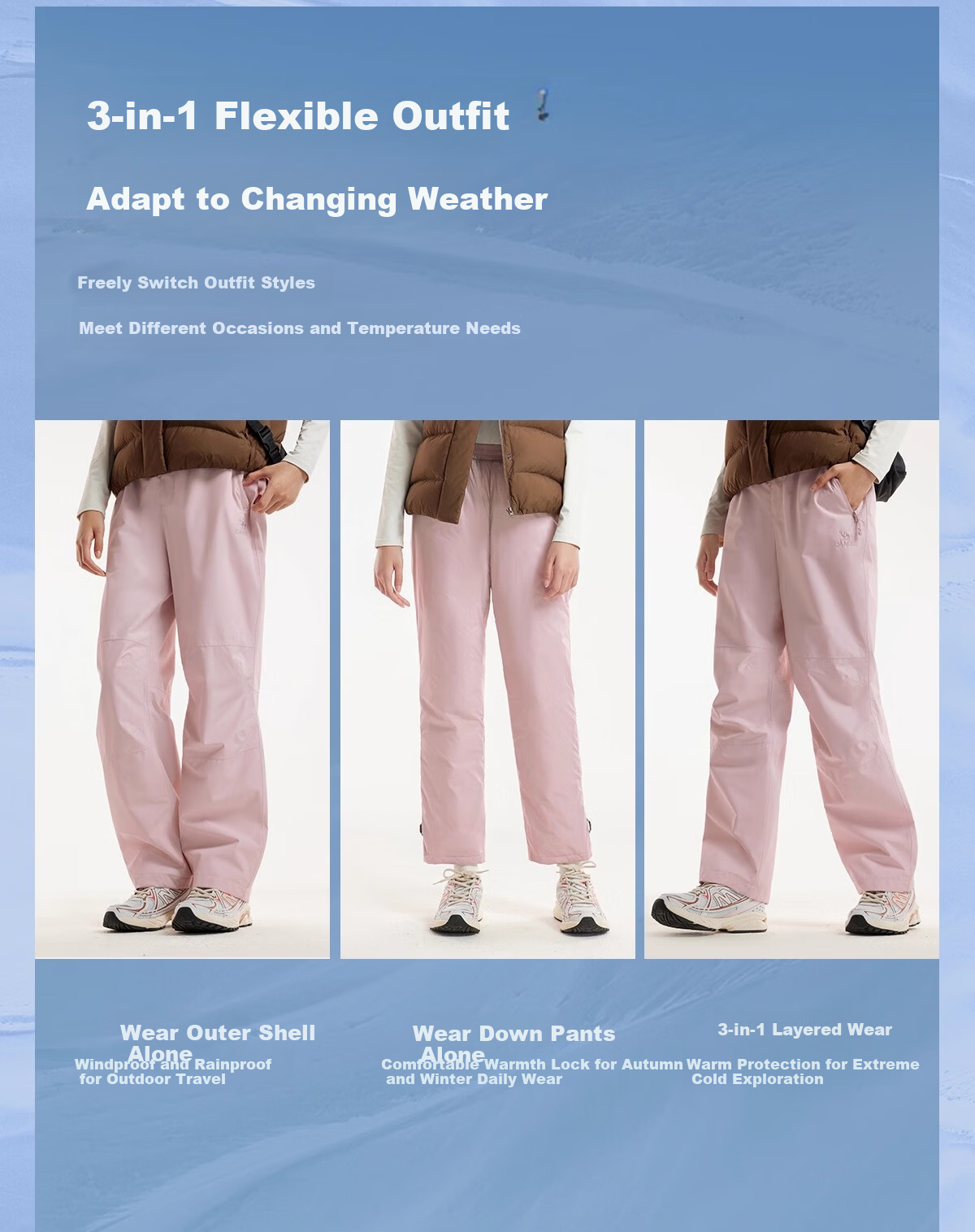 CAMEL Women's 3-in-1 Down Liner Waterproof Breathable Durable Tear-Resistant Hiking Mountaineering Pants Men's 20
