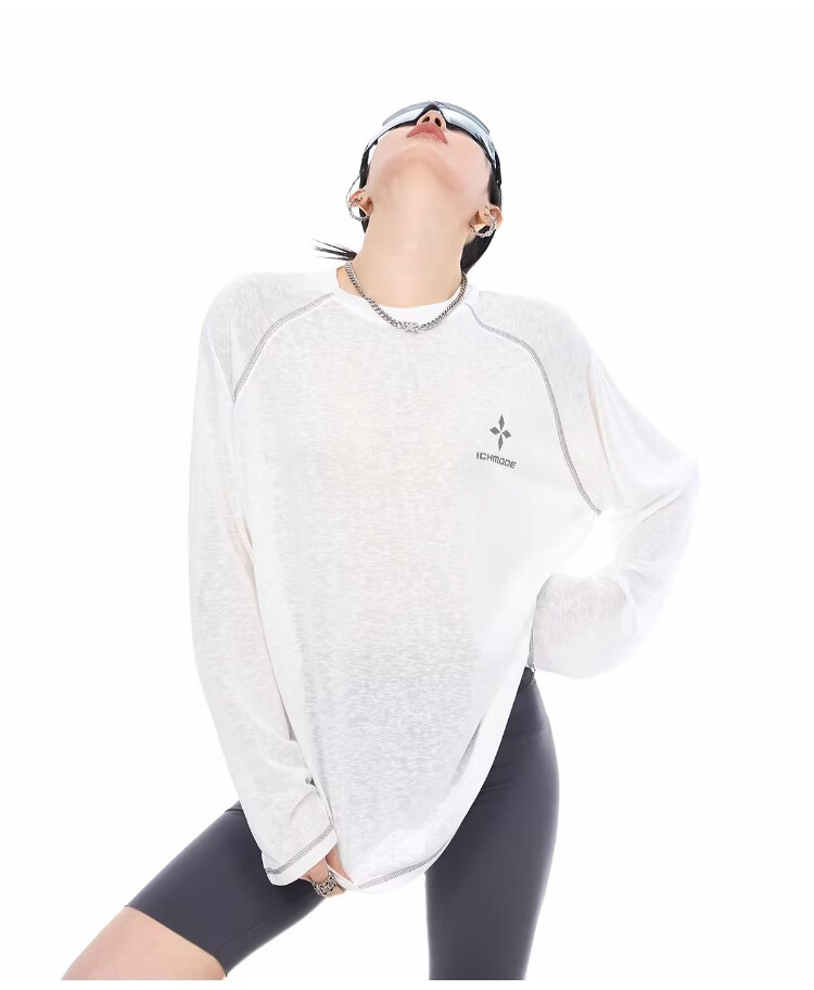ICH MODE Lyocell Cross-Print Long-Sleeve T-Shirt, Physical Sun Protection Cover-Up for Women, Summer Hasselblad Online Top, White, Size S 20