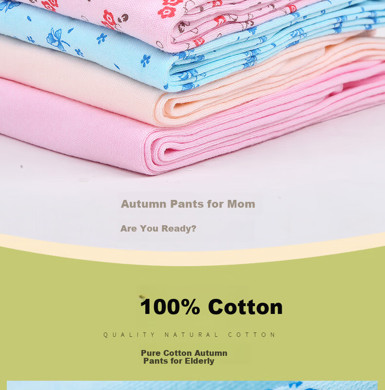 Bejirog 2-Pack Pure Cotton Thermal Pants for Middle-Aged and Elderly Women, Plus Size, Vintage Style, Pink Floral + Blue Floral, 4XL 3