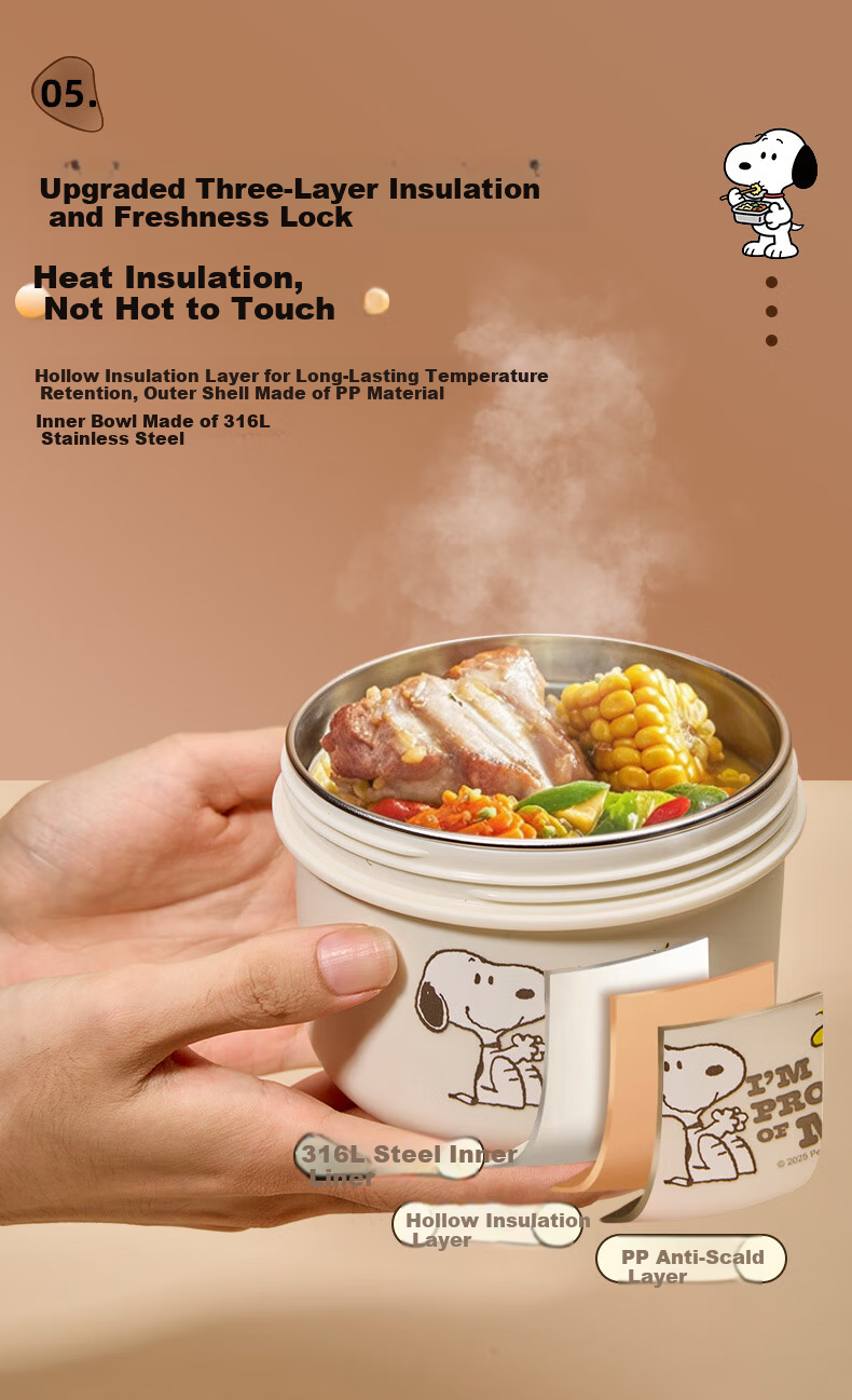 SNOOPY Insulated Lunch Box Bag Portable Thermal Cooler Bento Bag for Students and Office Workers 4-Layer Storage 6