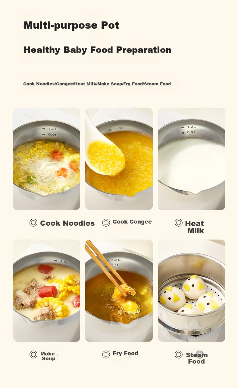 PLODON Baby Food Pot Milk Pot 316L Stainless Steel Non-Coated Soup Pot Small Frying Pan Steaming and Cooking Integrated Infant Food Pot 11