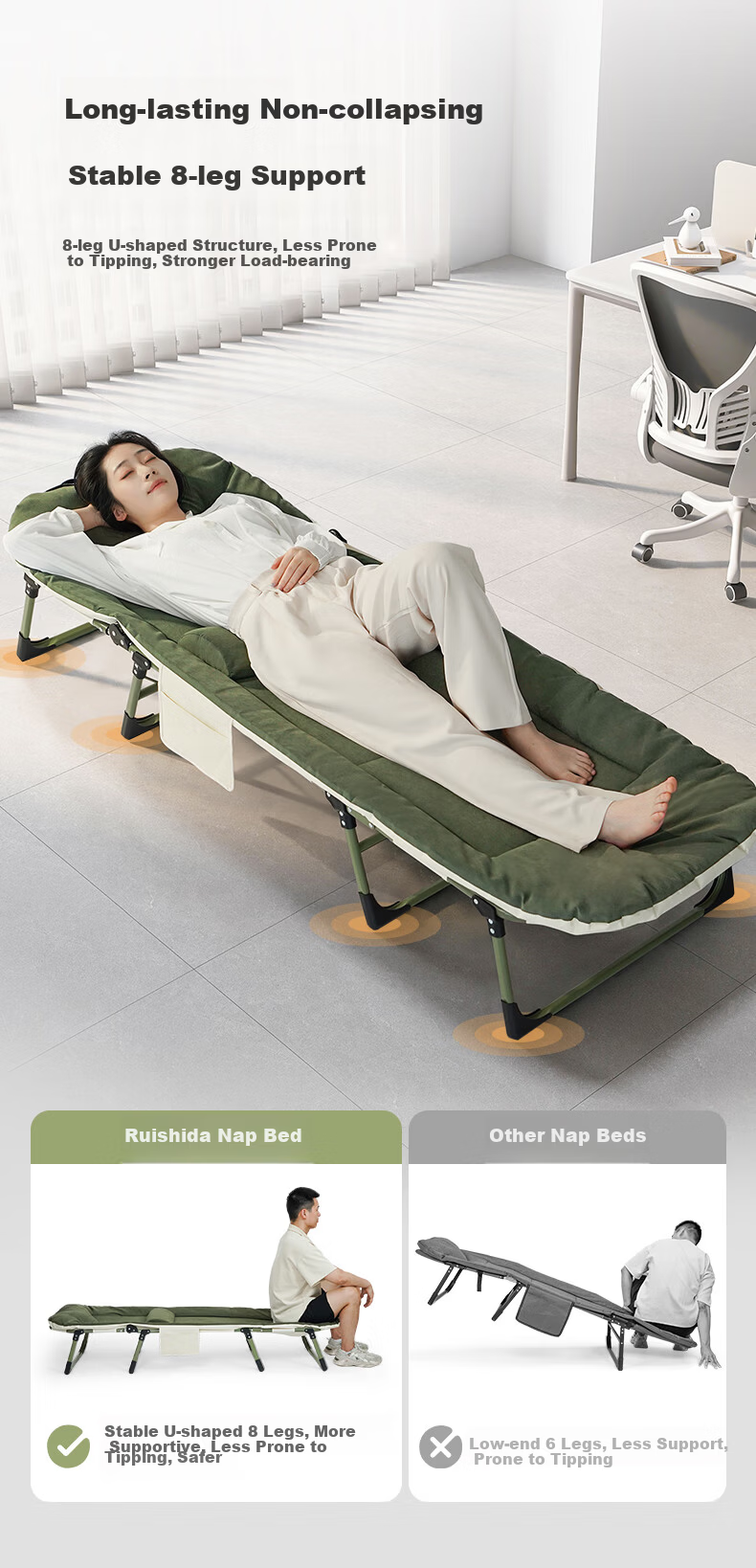 Restar Folding Single Nap Bed Hospital Care Bed Military Cot Recliner Office Nap Waist Support 190cm 2