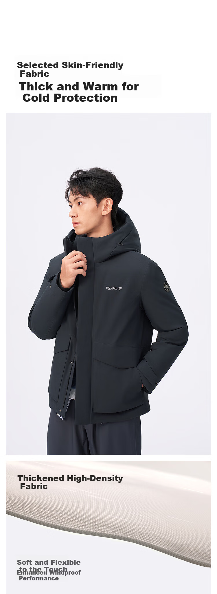 BOSIDENG 25-Year Winter Men's 90% Down Loose Casual Thickened Hooded Crew Neck Classic Casual Gift Jacket 2