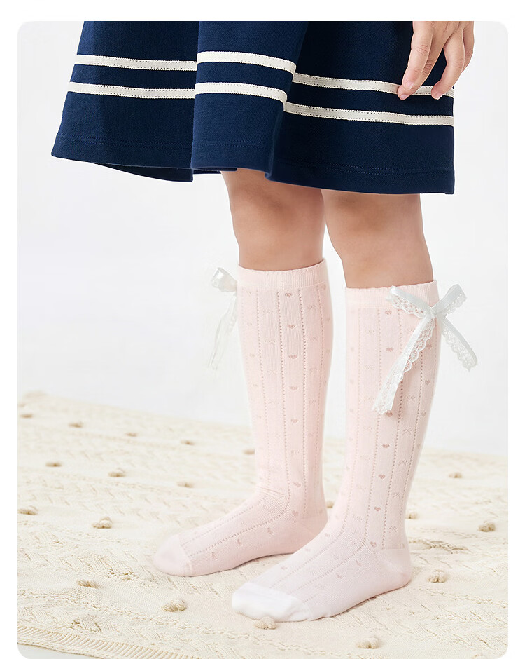 Balabala Girls' Summer Mesh Breathable Thin Mid-Calf Socks Sweet Bow Cotton Stretch 2 Pairs Set 6