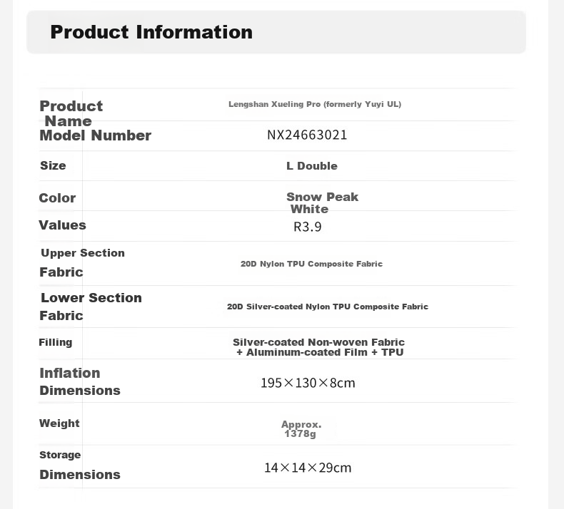 MOBIGARDEN Lengshan Xueling R3.9 Outdoor Camping Ultralight Inflatable Moisture-Proof Mat NX24663019 Snow Peak White 21