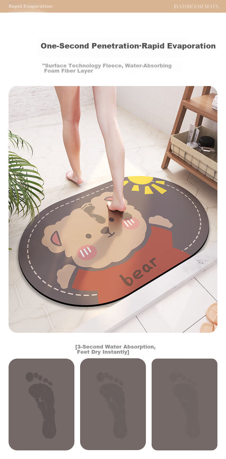 YISHANG Bathroom Mat, Non-Slip Mat, Absorbent Quick-Drying Foot Mat for Bathroom Entrance, Toilet Water Barrier Rug 4