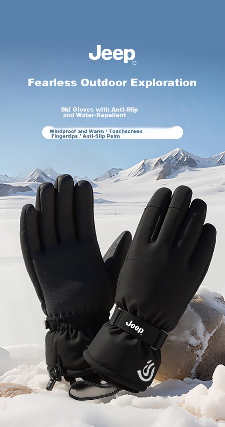 JEEP Men's Winter Ski Gloves Thickened Fleece Warm Waterproof Touchscreen Windproof Gloves Black 1