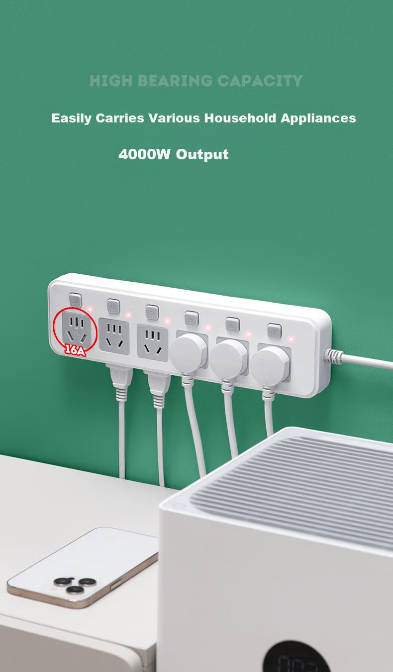 Sushiermo 10A to 16A + 10A 4KW High Power Conversion Plug/Power Strip/Extension Board with 8-Position Independent Switch 2.8m Cord for Air Conditioner/Water Heater 6