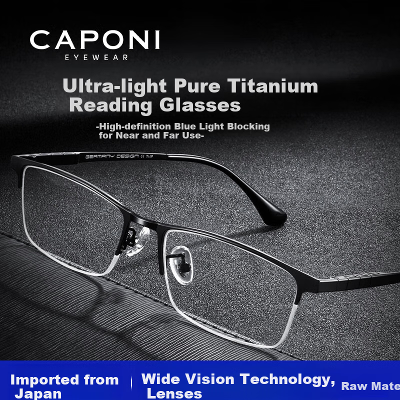 CAPONI Japanese Imported Pure Titanium Bifocal Reading Glasses for Men Ultra-Light Semi-Rimless Smart Zoom Genuine Driving and Walking Use
