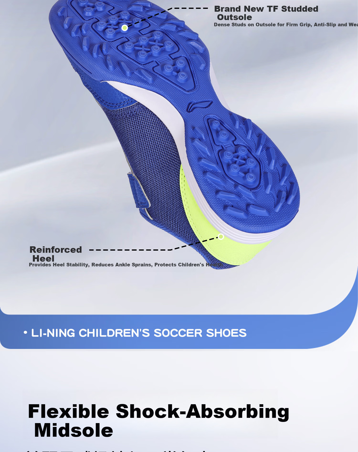 Li-Ning Kids Soccer Shoes TF Turf Studs for Elementary Students 6-12 Years Old, Breathable Mesh, Magic Tape, No Laces, Professional Football Shoes Size 39 4