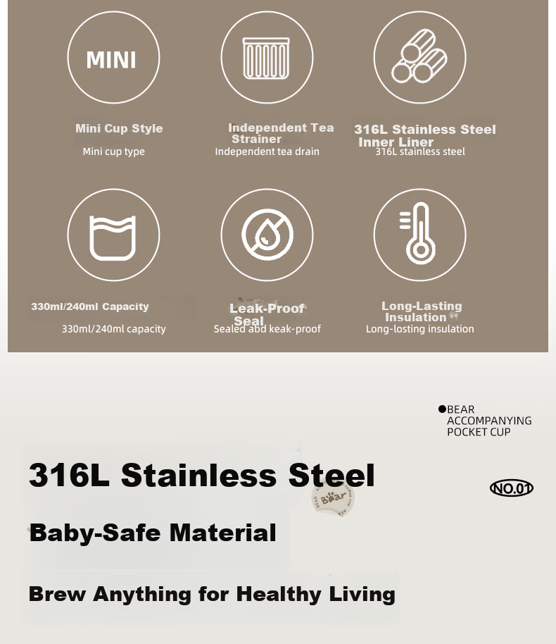 Bear Insulated Pocket Mug 316L Stainless Steel Portable Water Bottle Gift for Students Children Men Women 240ml 3