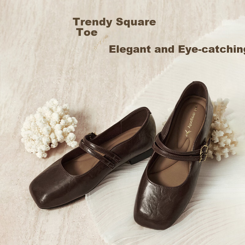 Red Dragonfly Mary Jane Shoes 26 Spring Women's French Square Toe Commuter Flats Comfortable Low Heel Leather Shoes WTB16049 Black Size 36