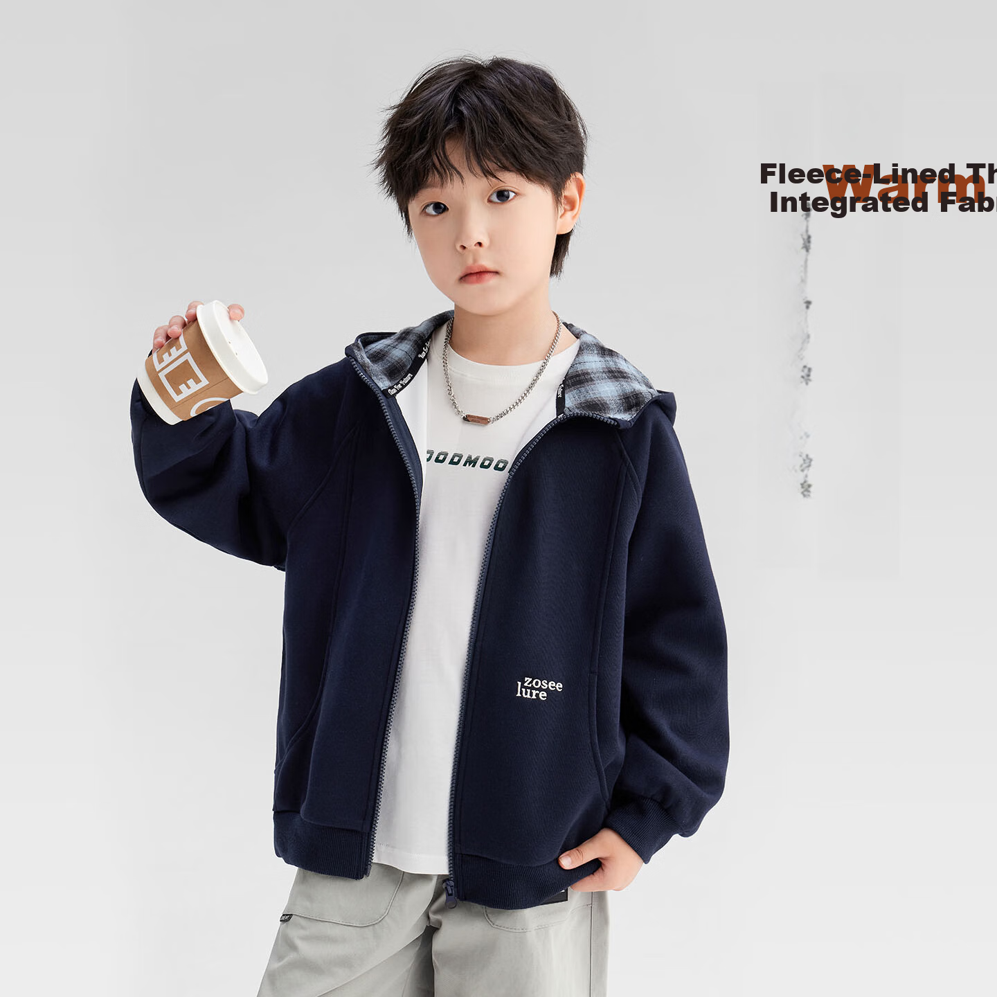 Zuo Xi Boys' Hoodie Sweatshirt 2025 New Kids' Jacket Hooded Fleece Lined Outerwear Navy Blue Size 140