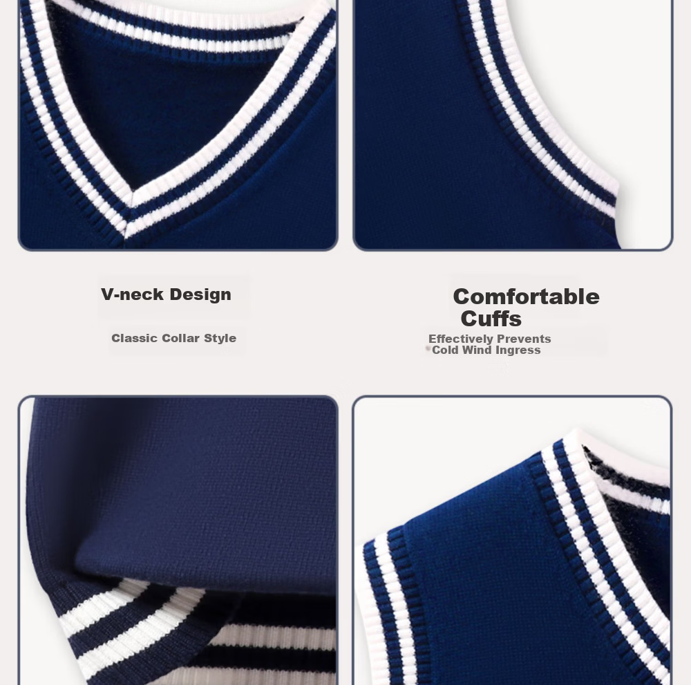 Luomeng Children's School Uniform Spring And Autumn Boys Girls Knitted Vest Set, Navy Blue White Trim Knitted Waistcoat, Size 150 6