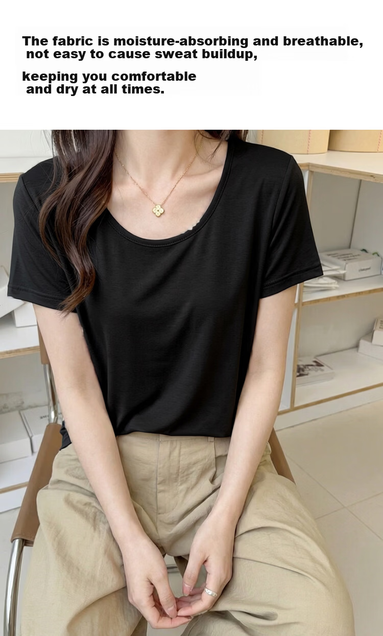 Audifine Women's Crew Neck Base Shirt U-Neck Top Spring Summer Cool Lyocell Short Sleeve T-Shirt Slim Soft Black M 7