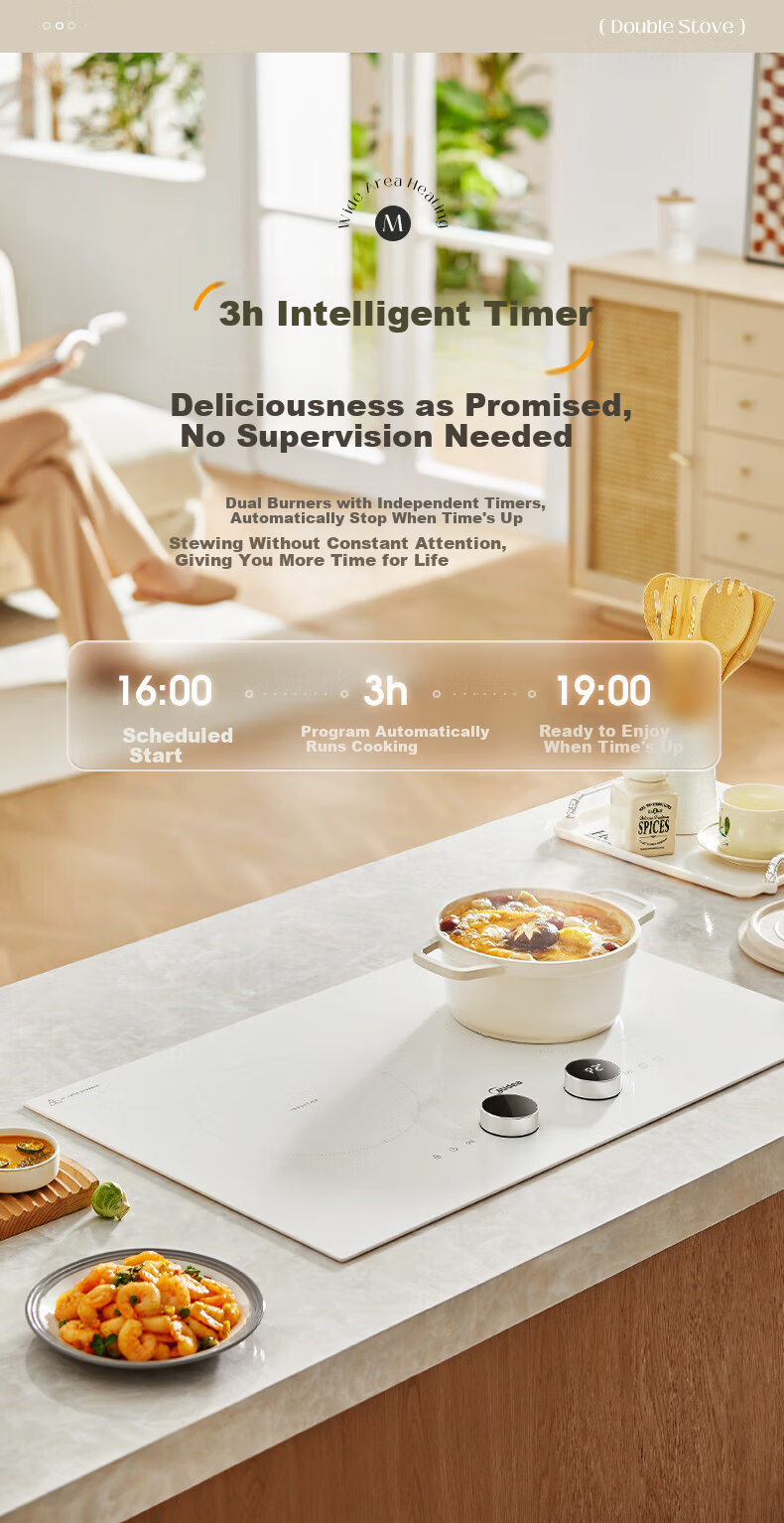 Midea Induction Cooker Double Burner Built-in High Power 3500W Ultra-thin Countertop and Built-in Multifunction Touch Control Holographic Knob DZ35CC11Z 10