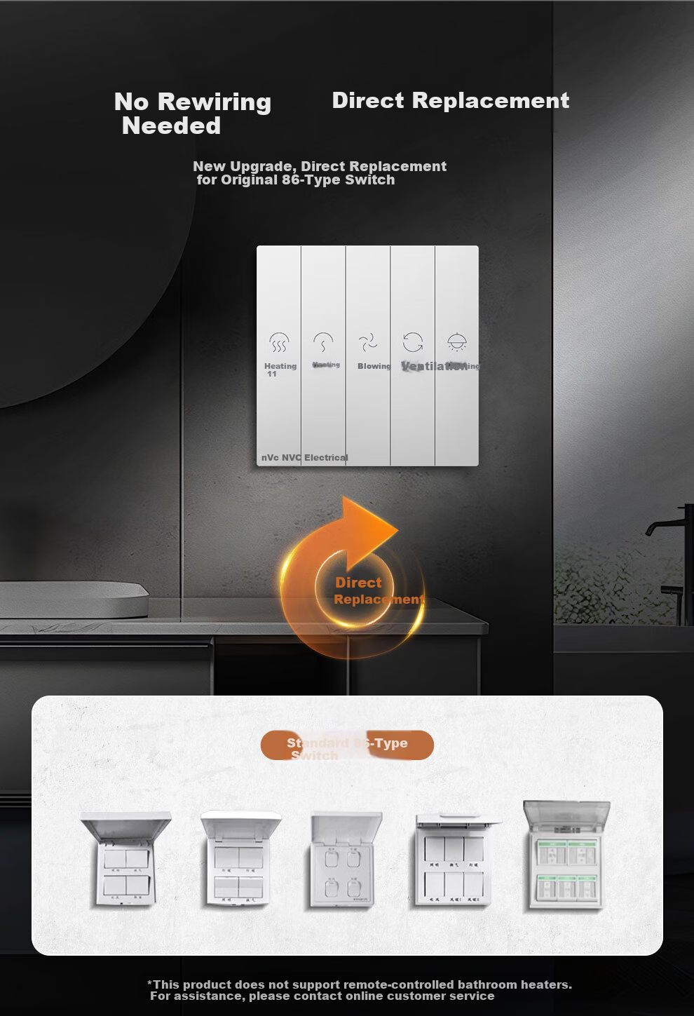 NVCleishidiangong Switch Socket, 86-Type Universal Bathroom Multi-Function Switch Panel, Four-Gang Bathroom Heater Switch, Gold Color 5