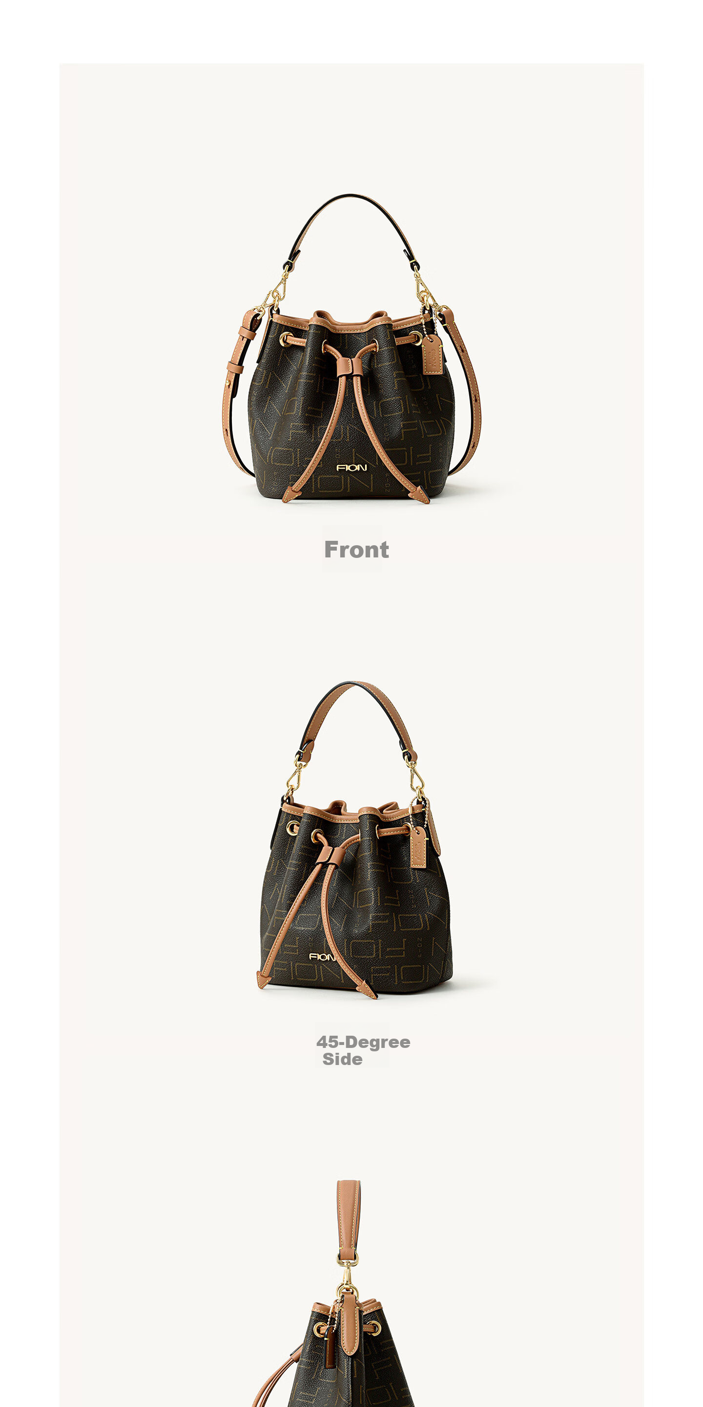 FION New Women's Bucket Bag Classic Monogram Drawstring Shoulder Crossbody Bag Birthday Gift 7
