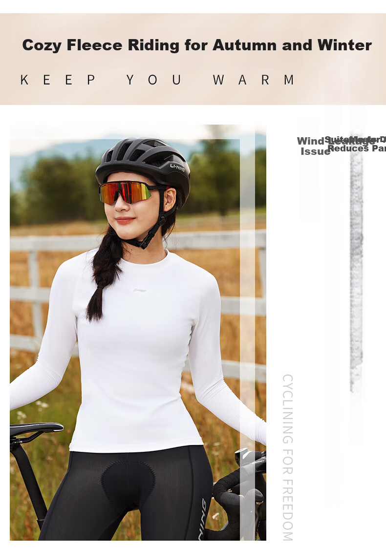 LI-NING Women's Long Sleeve Cycling Base Layer Fleece Thermal Slim Fit Road Bike Jersey Spring Top 9