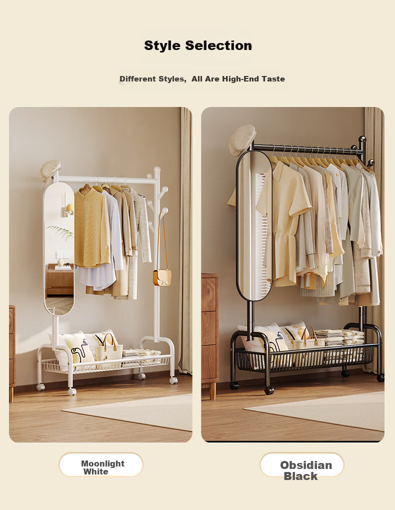 Yicainianhua Clothes Hanging Rotating Mirror with Storage Rack, Bedroom Coat Stand, Floor-Standing Clothes Rack, Home Coat Hanger 2449 Black 15