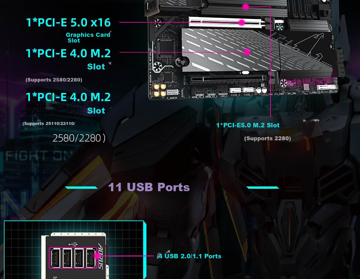 GIGABYTE B860M AORUS ELITE WIFI6E DDR5 Motherboard Compatible with CPU Ultra U7-265K 245K LGA 1851 15