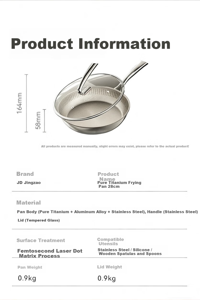JD Jingzao Titanium Pure Titanium Flat Bottom Pan [Million Micro-Pores Non-Stick] Frying Pan Stir-Fry No Coating Gas and Induction Cooker 28cm 18