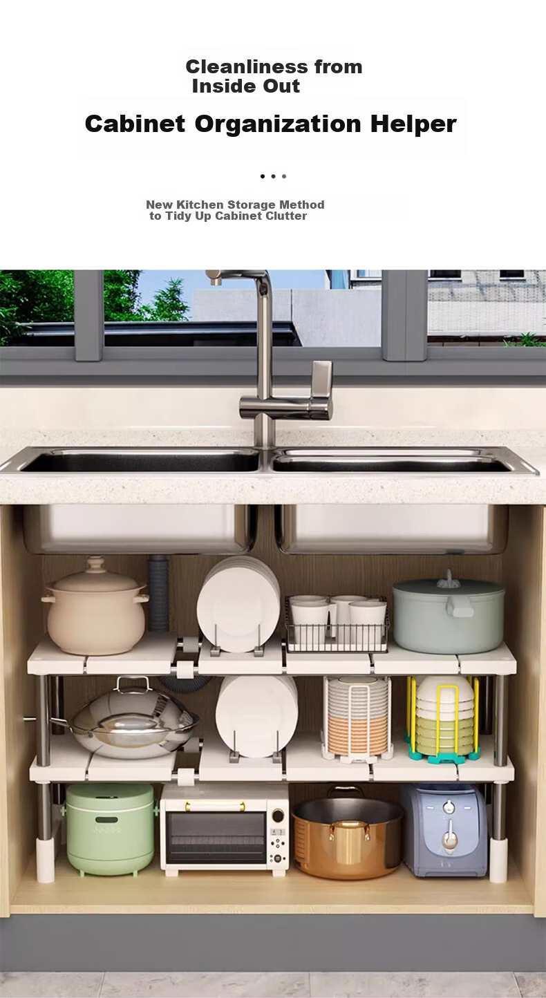 ZhaiQingSong Kitchen Sink Multifunctional Expandable Stainless Steel Cabinet Storage Rack Single Layer Pot Rack 1