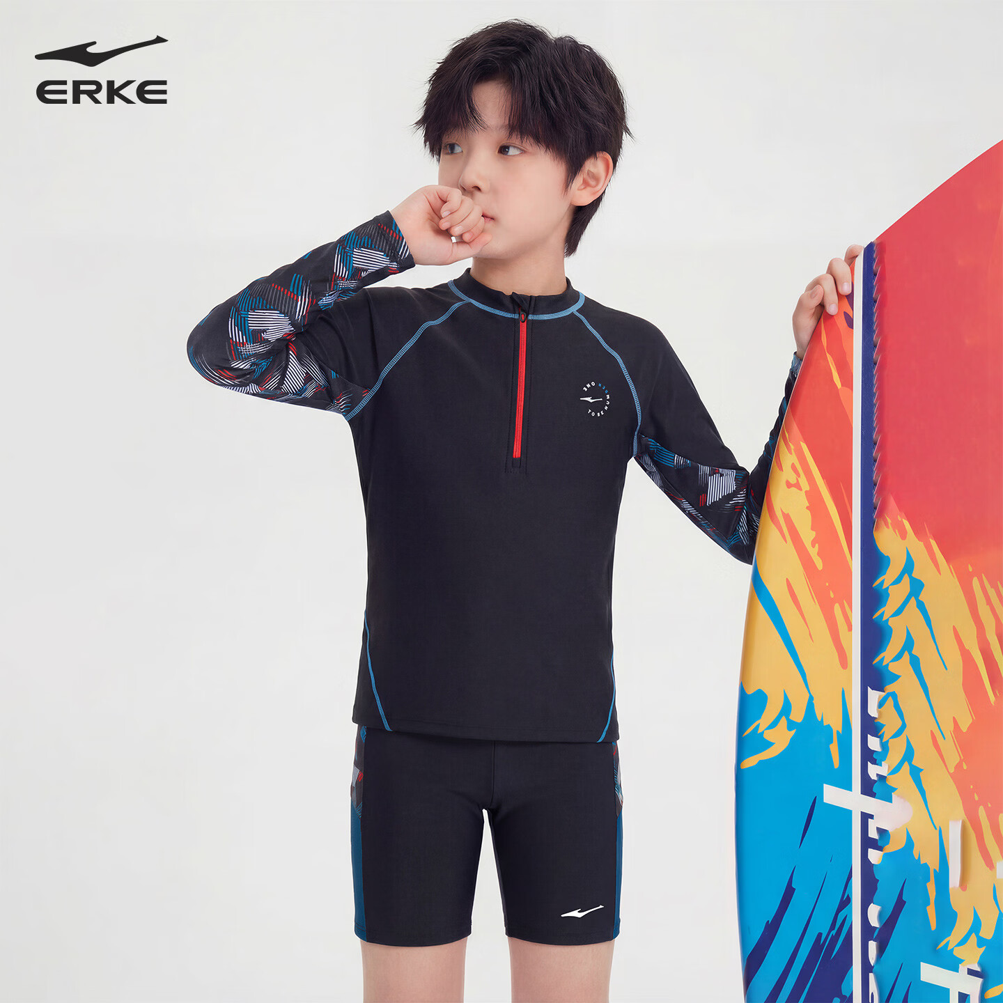 ERKE Children's Swimwear, Boys' Long-Sleeve Shorts Two-Piece Swimsuit, Sun Protection Breathable Professional Boys' Swimwear Set