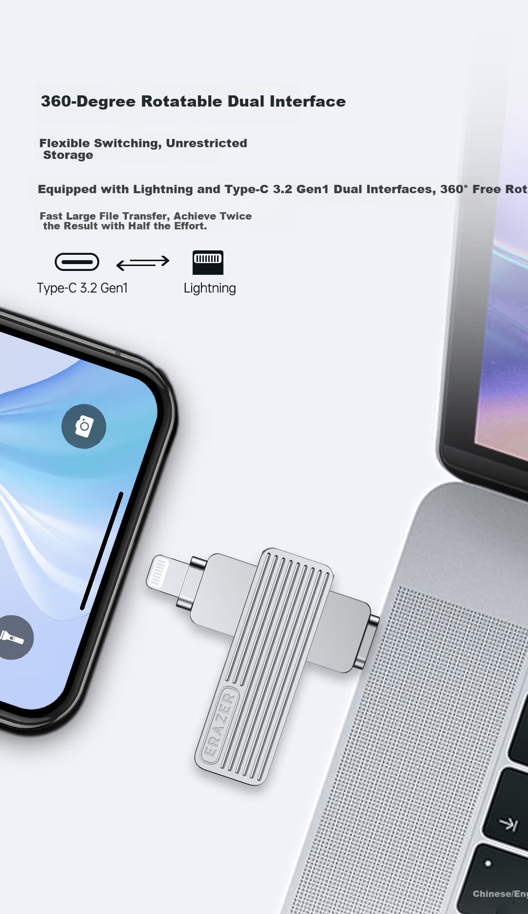 Lenovo Ecosystem Brand Yinen 128GB Type-C Lightning Dual Interface USB 3.2 Apple iPhone Flash Drive F520 One-Key Backup Android Apple Universal USB Drive 6