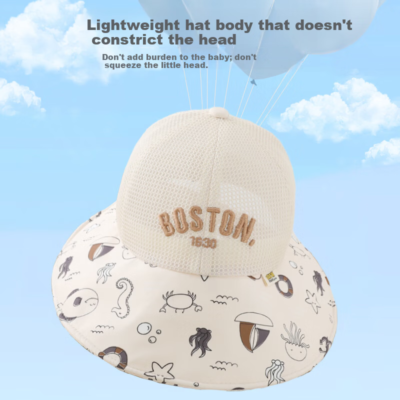 9i9 Baby Hat Cartoon Ocean Summer Wide Brim Sunshade Thin Sunscreen Adjustable Unisex Kids F20 Beige 1-5 Years