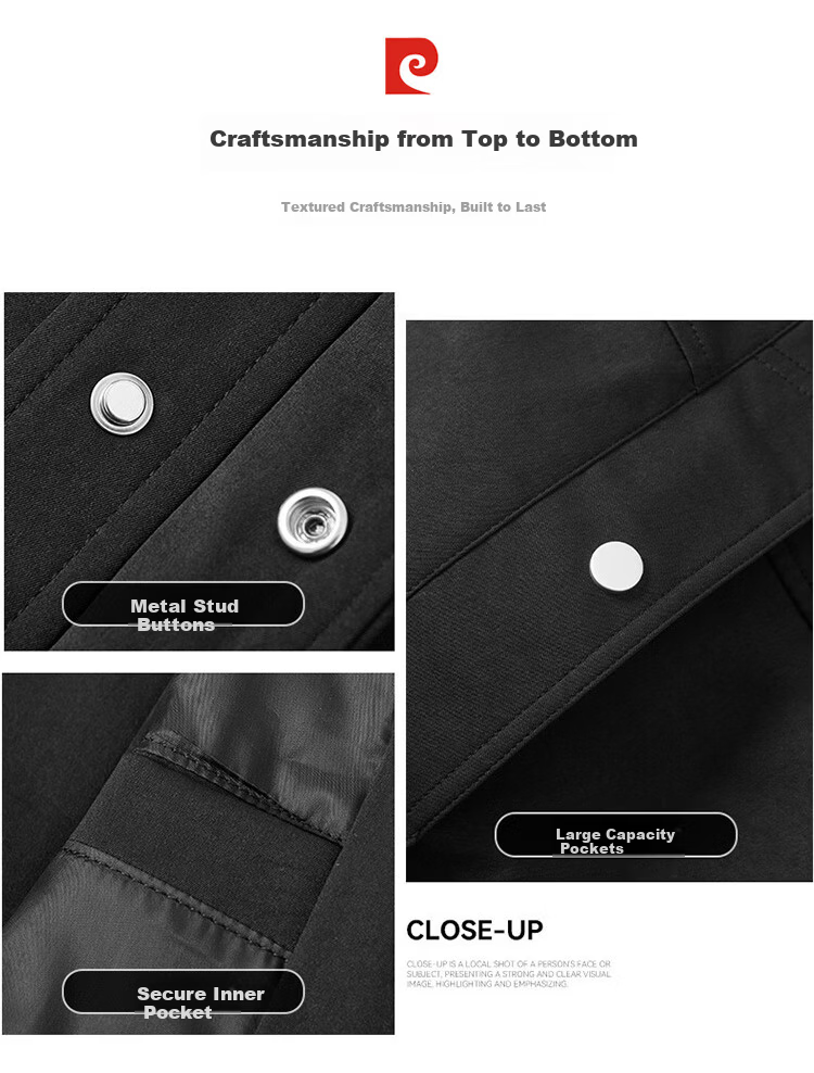 Pierre Cardin Men's Trench Coat Spring Autumn Korean Style Loose Casual Mid-Length Coat Trendy Lapel Overcoat Black XL 5