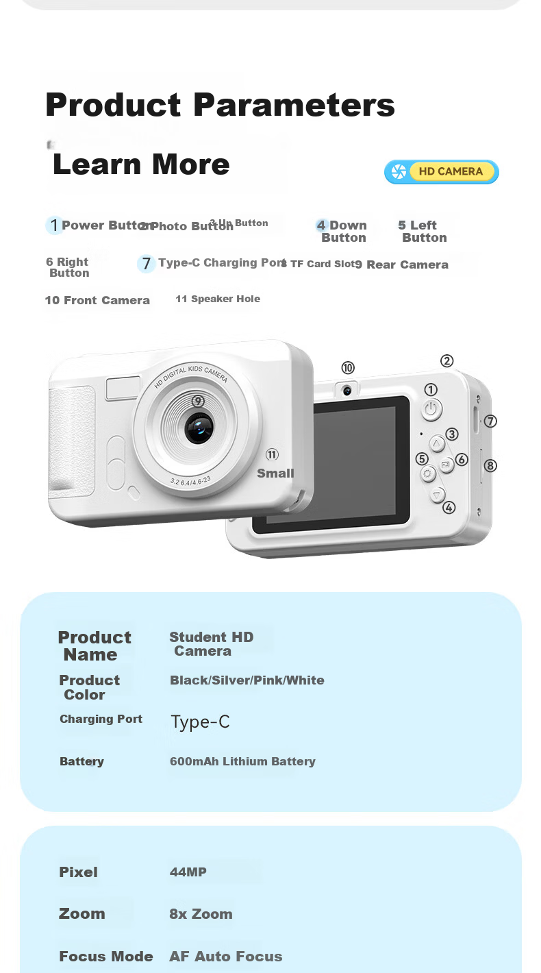 AIBOLAI ABLA2 Digital Camera CMOS Lightweight Portable HD Dual Lens Card Camera Cartoon Kids Sticker Pink Package 4 14