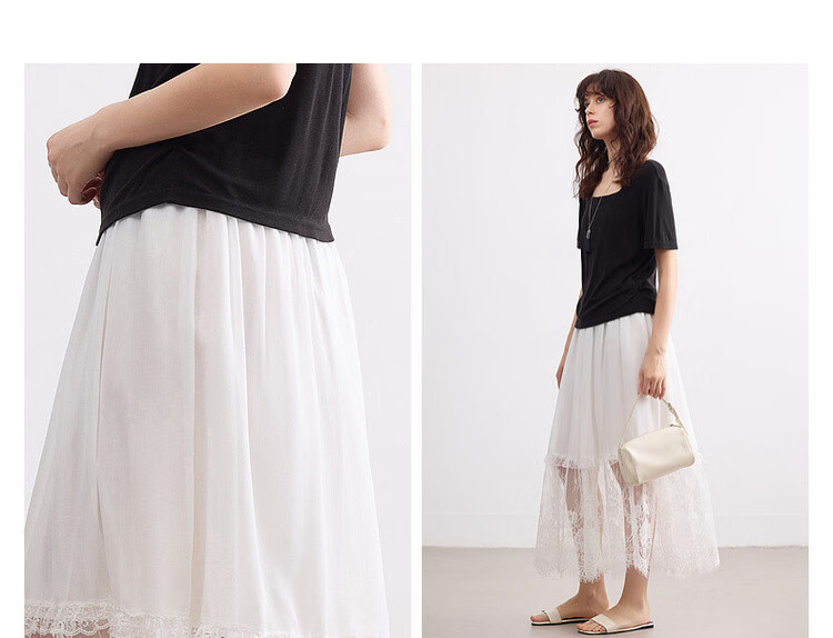 Demana [Yunsha Manwu] Summer Fresh Sweet Lace Splicing Lightweight Flowing Elastic Waist Mid-Length Skirt for Women 7