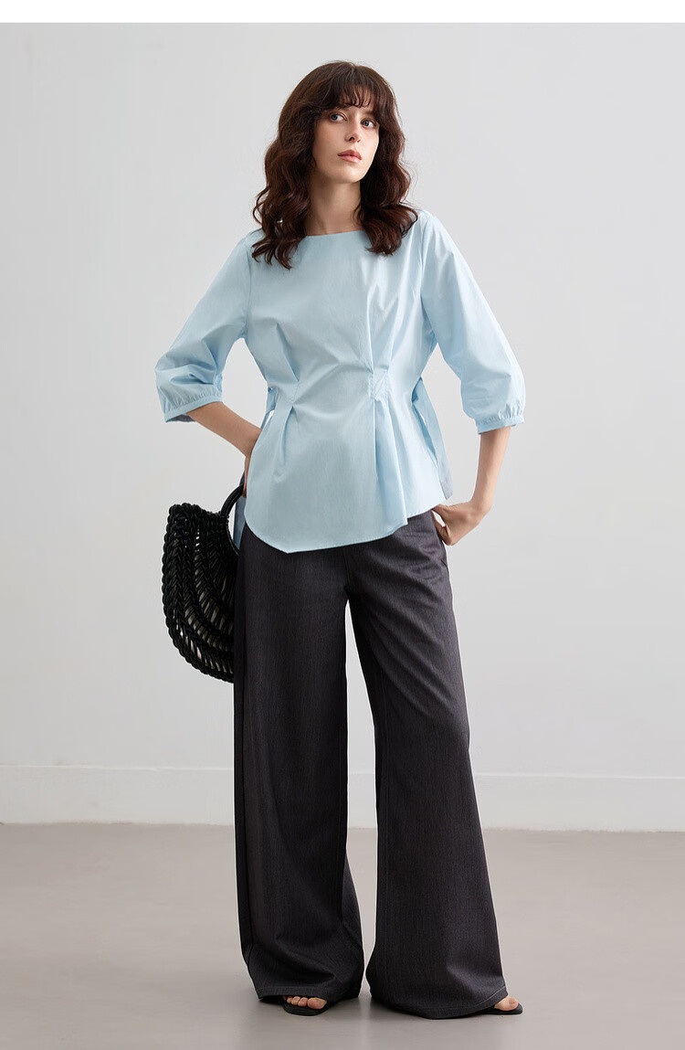 Demana Pure Cotton Breathable Summer Artistic Fresh Round Neck Slim Waist Shirt Women's Top 18