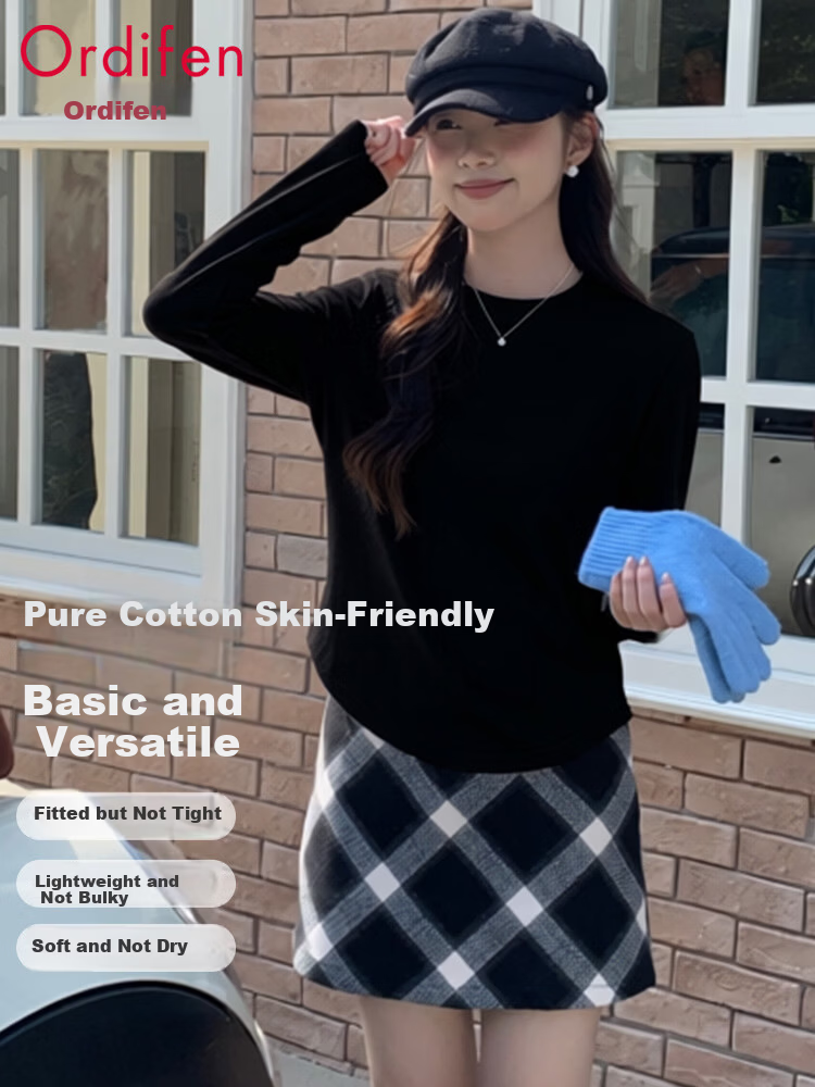 Ordifen Women's Base Layer 100% Cotton Autumn Winter Comfortable Skin-Friendly Solid Color Crew Neck Long Sleeve T-Shirt White M 2