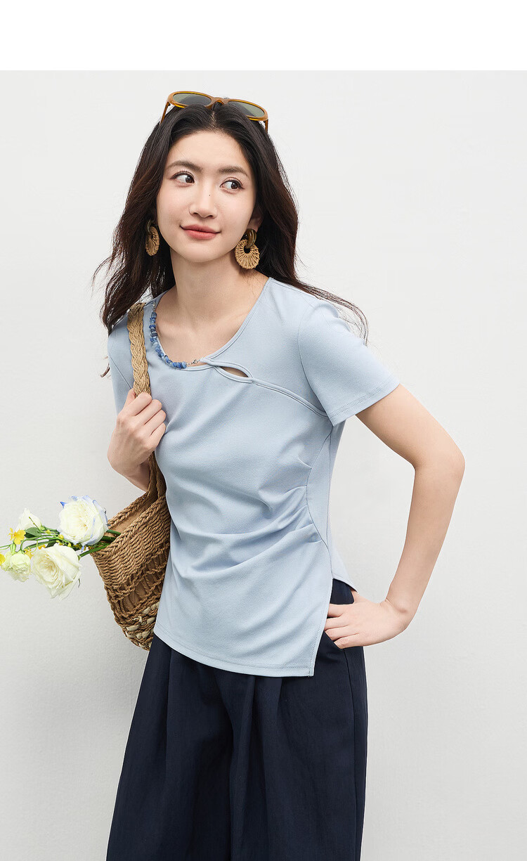 Shangdu Bila Cotton Blend Pleated Slim Fit T-Shirt Women Spring Summer Designer Round Neck Hollow Out Asymmetric Overlap Irregular Split Top 6