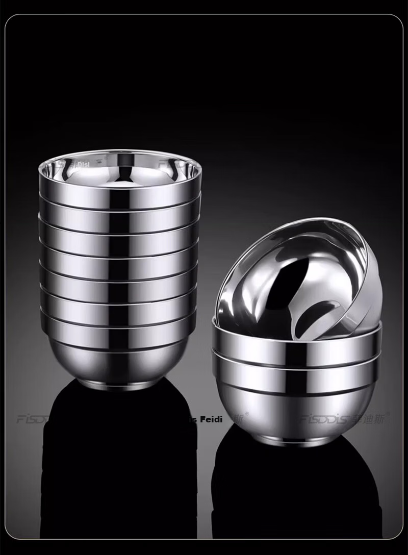 FISDDIS 304 Stainless Steel Double-Layer Anti-Scald Soup Bowl Commercial Spicy Hot Pot Bowl Fast Food Rice Bowl Canteen Serving Bowl 16cm 15