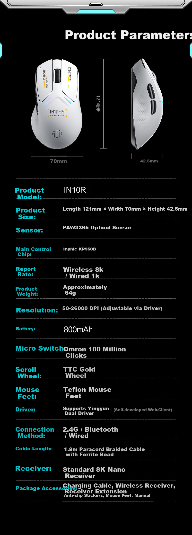 INPHIC IN10R Wireless Gaming Mouse Wired Bluetooth Tri-Mode PAW3395 Lightweight Right-Hand Ergonomic Claw Grip 26,000 DPI 8K Report Rate Starry White 10