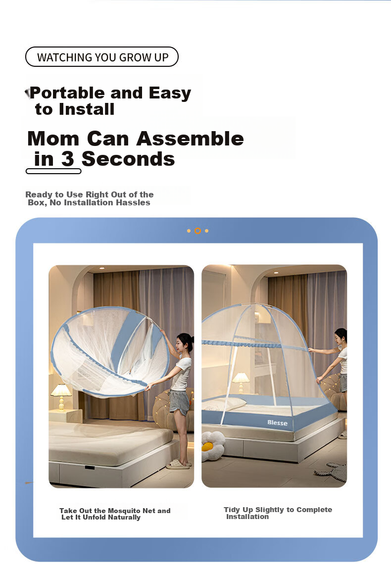 Nanjiren Kids and Adults Mosquito Net Mongolian Tent No-Installation Mosquito Net Frame 1.8x2m Home Bedroom Anti-Fall Foldable 3