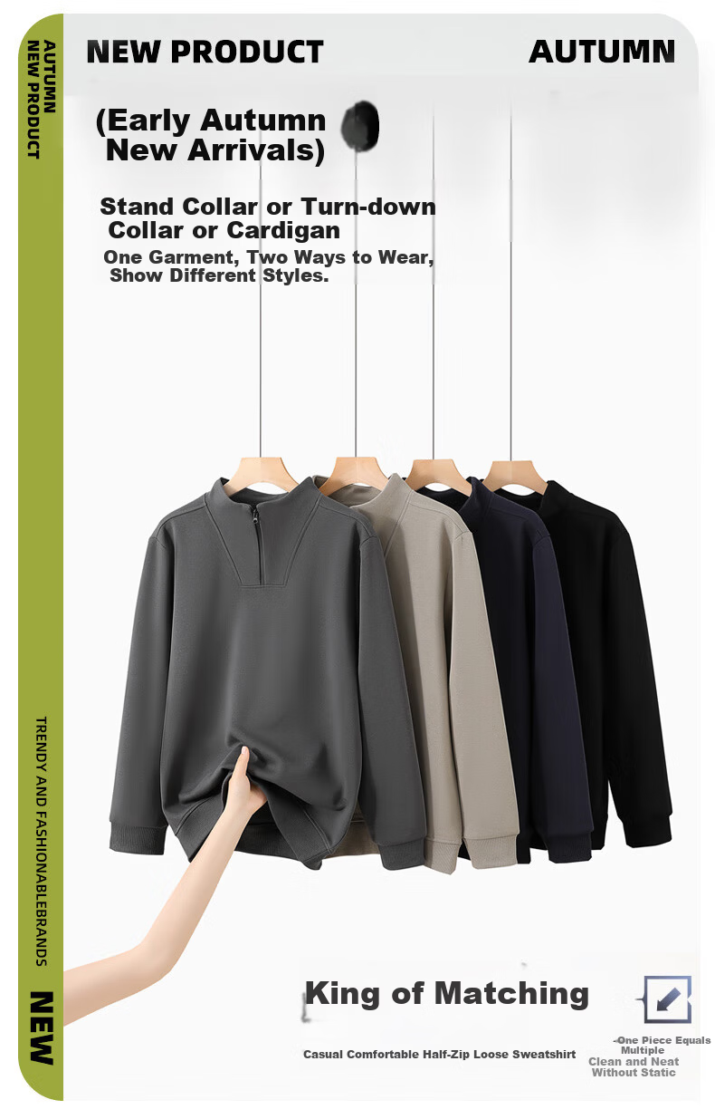 ROMON Half-Zip Sweatshirt Men Spring Business Casual Stand Collar Long Sleeve Base Shirt Middle-Aged and Young Turn-Down Collar Jacket Trendy Size L 1